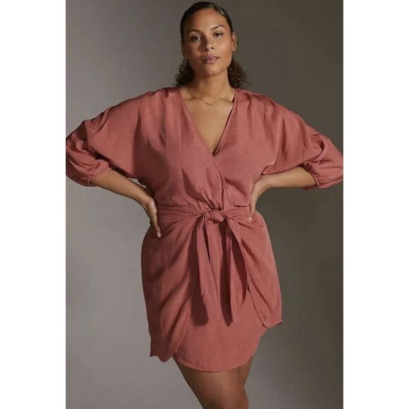 Anthropologie Puff Sleeve Wrap Mini Dress Linen Blend Rose Pink Womens Size 8 - Picture 1 of 9